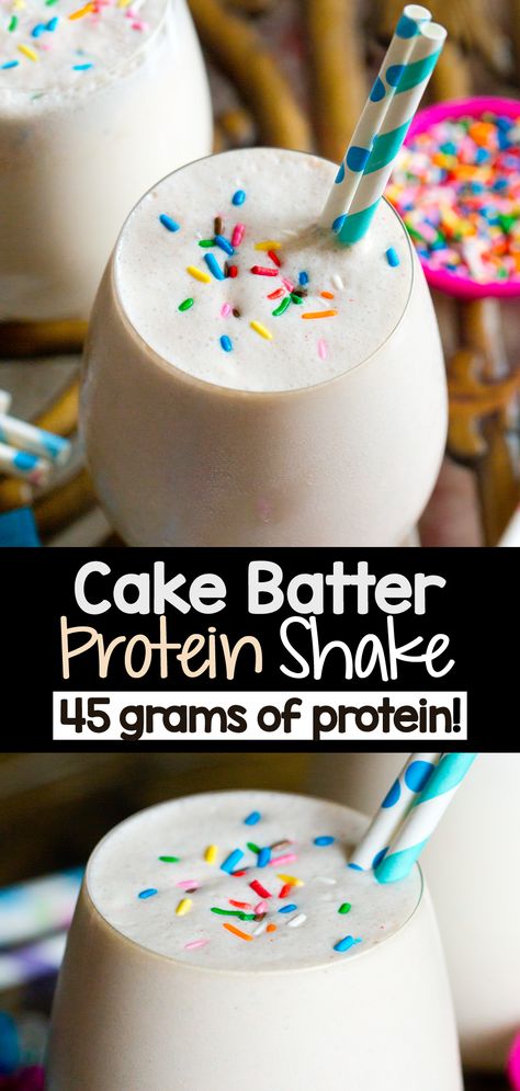 This birthday cake protein shake tastes like a cake batter milkshake, with over forty five grams of protein packed into just one serving! Whip one up in minutes for breakfast or a healthy snack, or any time you are craving vanilla cake batter in the form of a delicious protein shake. #protein #healthysnack #birthday #cakebatter #proteinshake Cake Batter Protein Shake, Vanilla Protein Shake Recipes, Protein Powder Recipes Shakes, Birthday Cake Batter, Blueberry Mango, Cake Batter Protein, Protein Drink Recipes, High Protein Drinks, Creamy Cake