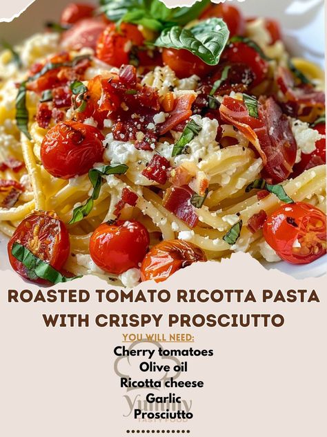 🍅🍝 Indulge in the creamy goodness of Roasted Tomato Ricotta Pasta with Crispy Prosciutto! #PastaLovers #ComfortFood Roasted Tomato Ricotta Pasta with Crispy Prosciutto Ingredients: Cherry tomatoes (2 cups) Olive oil (2 tbsp) Ricotta cheese (1 cup) Garlic (2 cloves, minced) Prosciutto (4 slices, crispy) Cooked pasta (8 oz) Fresh basil (1/4 cup, chopped) Salt and pepper (to taste) Instructions: Preheat oven to 400°F (200°C). Toss cherry tomatoes with olive oil, garlic, salt, and pepper. Roa... Ricotta Pasta, Ricotta Cheese, Fresh Basil, Roasted Tomatoes, Cherry Tomatoes, Ricotta, How To Cook Pasta, Garlic, Comfort Food