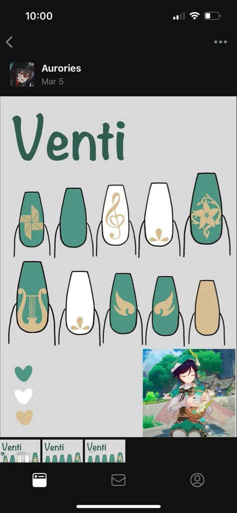 Genshin Acrylic Nails, Venti Nails Design, Venti Nails Genshin, Xiao Inspired Nails, Scaramouche Inspired Nails, Genshin Impact Nails Design Kaeya, Venti Hair Down, Hatsune Miku Nails Ideas, Genshin Nail Design