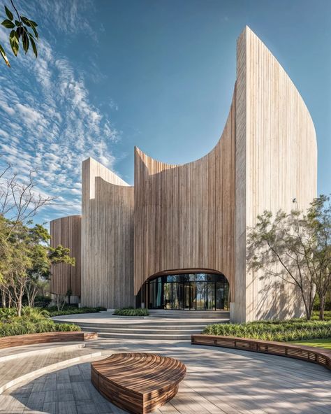 A cultural center merging textured concrete and wooden slats with organic shapes, set within a serene park featuring curved paths, offering a peaceful retreat for the community. Keep following us for more inspiring AI-generated architecture. 👇 ✅ by @andreiacarvas ©2024 All rights reserved. Disclaimer: The images are conceptual design studies, used solely for research and experimental purposes. Unauthorized use or replication is prohibited. #CulturalArchitecture #SustainableDesign #ModernA... Textured Concrete, Cultural Architecture, Organic Architecture, Building Facade, Conceptual Design, Cultural Center, Wooden Slats, Sustainable Design, Organic Shapes