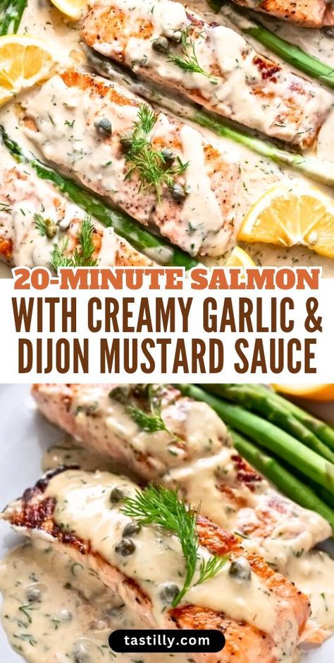 20 minutes is all you need to prepare this gourmet-style Salmon filet with Creamy Garlic Dijon Sauce. Dijon Sauce For Salmon, Healthy Salmon Sauce, Salmon Dijon Mustard Recipes, Garlic Dijon Sauce, Salmon Sauce Recipes, Salmon Dinners, Keto Entrees, Dijon Mustard Sauce, Dijon Sauce