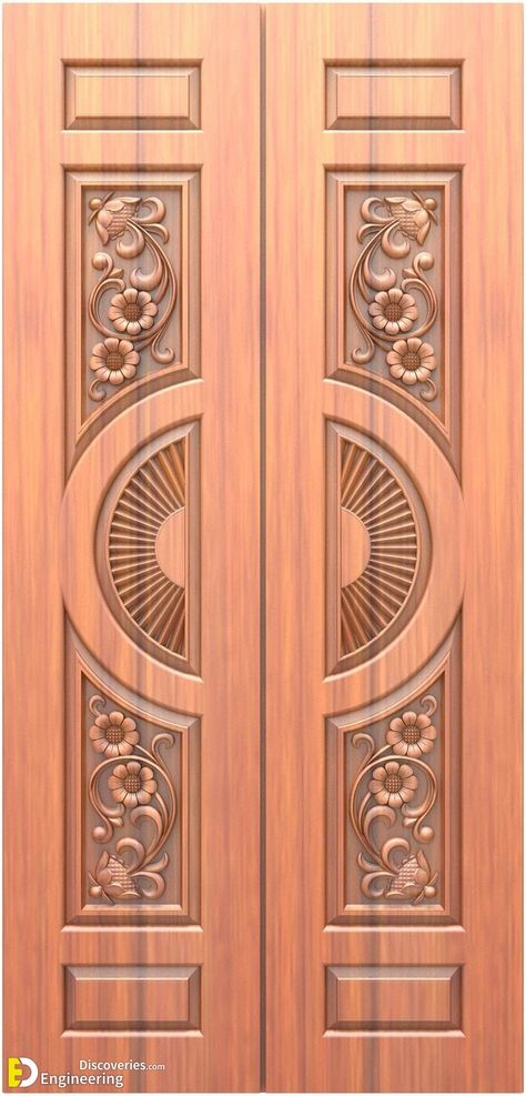 Wooden Main Door Design Ideas - Engineering Discoveries Main Double Door Design Wood Modern, Front Door Ideas Double Doors, Main Door Carving Design Double Door, Dabal Door Design Wood Modern, Main Door Carving Design Entrance, Double Door Carving Design, Double Door Design Wood Modern, Dabal Door, Main Double Door Design Wood Indian