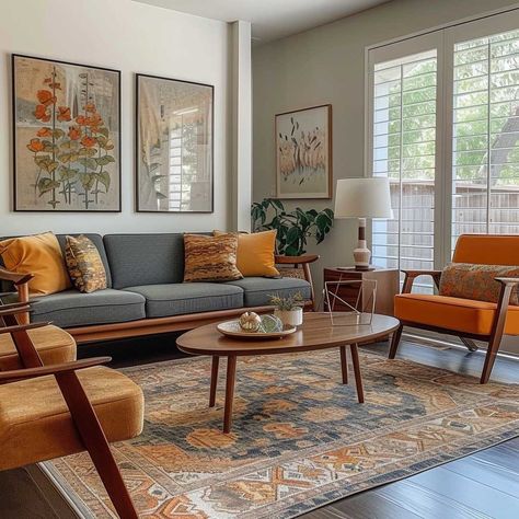 Industrial Mid Century Living Room, Midcentury Sectional Living Room, Mixed Styles Living Room, Spanish Mid Century Modern Living Room, Mid Century French Interior, Mid Century Modern Area Rugs, Jazzy Living Room, Living Room Mixed Furniture, Mid Century Modern Style Living Room