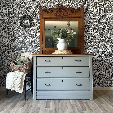 Wow what a ton of work to get here 😅 But so so worth every ounce of work!! This 1800’s Eastlake Dresser was painted in Heritage Pewter by @melangepaints a desaturated sage green with grey undertones. It’s stunning!! New black hardware to modernize it a touch. I stain matched the top to the original mirror using Antique Oak by @generalfinishes Absolute perfect match!!! Swipe ⬅️ to see the before!! #melangepaints #rusticowlfurnishings #ipainteditpretty #furniture #furnituredesign #furnitu... Sage Green With Grey, Eastlake Dresser, Black Hardware, Sage Green, Perfect Match, New Black, Furniture Design, Dresser, Stain