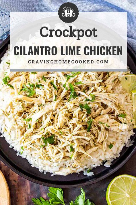 This tender and juicy Crockpot Cilantro Lime Chicken is so delicious! It’s seasoned with the perfect balance of lime, garlic, and fresh cilantro with just a touch of cumin to add a layer of flavor and jalapeno for some mild heat. This chicken is tasty and taco ready! #crockpot #slowcooker #cilantrolimechicken #chicken #recipe Cilantro Lime Chicken Casserole, Cilantro Lime Chicken Instant Pot, Crockpot Cilantro Lime Chicken, Jalepeno Chicken Recipes, Cilantro Lime Chicken Crock Pot Crockpot Recipes, Fiesta Lime Chicken Crockpot, Cilantro Lime Chicken Tacos Crock Pot, Cilantro Lime Chicken Crock Pot, E2m Recipes