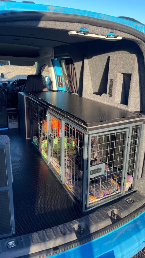 Dog Crate Car Setup, Camper Dog Kennel, Dog Kennel Car Set Up, Dog Camper, Camper Van Dog Kennel, Car Dog Crate, Dog Box For Truck Hunting, Dog Room Design, Dog Van