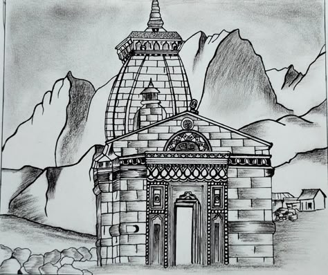 Kedarnath Temple Pencil Sketch, Kedarnath Sketch, God Mandir, Kedarnath Temple, Temple Drawing, Doodle Art For Beginners, Sketch Images, Easy Cartoon, Landscape Pencil Drawings