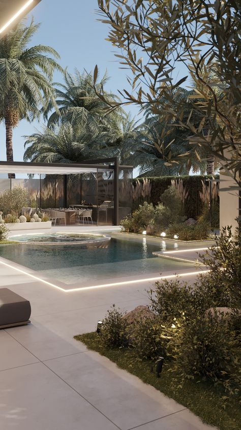 Outdoor Villa Landscape, Modern Villa Landscape, Villa Pool Design, Dubai Home Gardens, Villa Garden Design, Dubai Villa Design, Contemporary Pool Design, Villa Landscape Design, Modern Villa Dubai