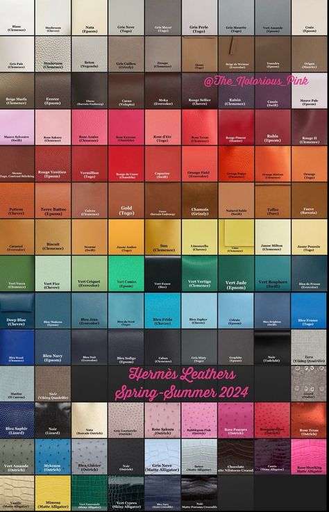 The Hermès Bag Colors of Spring/Summer 2024 - PurseBlog Hermes Color Palette, Kelly Bag Hermes, Hermes Colors, Hermes Color Chart, Hermes Kelly Bag Sizes, Birkin Bag Colors, Birkin Colors, Hermes Bags Color Chart, Hermes Colours