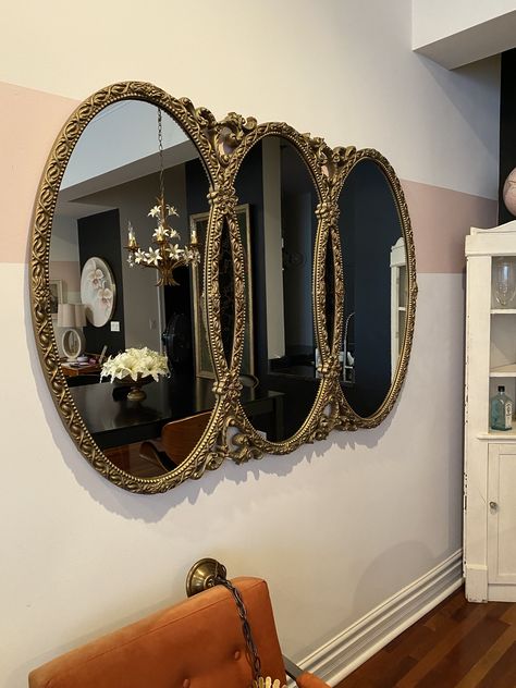 Vintage Mid Century Hollywood Regency Rococo Triple Ring Gilded Wood Mirror | Chairish Gold Antique Mirror Bedrooms, Vintage Mirror Wall Collage, Triple Wedding Ring Mirror, 1930s Home Decor Vintage, Mid Century Art Deco Living Room, Victorian Style Decor Vintage, Vintage Hollywood Aesthetic Room, Large Gold Mirror Living Room, Regency Core Decor