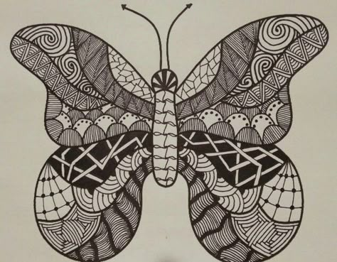 Butterfly by Spaci Unique Doodles, Yellow Aesthetic Pastel, Doodle Art Flowers, Doodle Art Journals, Zen Doodle Art, Art Videos Tutorials, Tangle Patterns, Butterfly Drawing, Doodles Zentangles