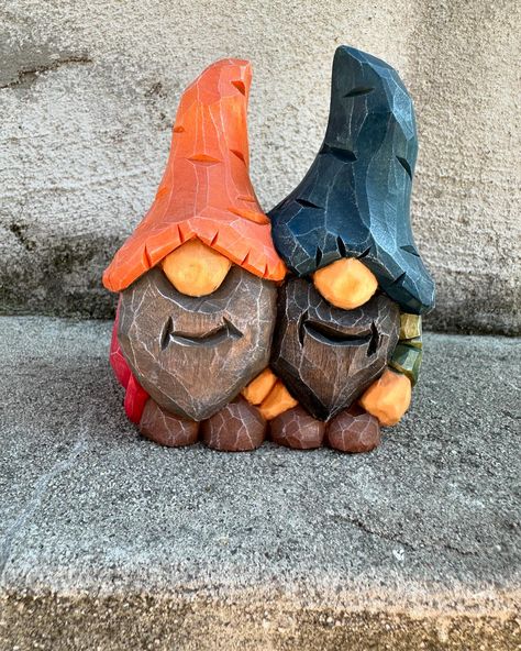 Finished up this commissioned gnomes carving. I think they turned out pretty cool! What do you all think, should I make more like this? #wood #woodcarving #whittling #handcarved #gnomes #happygnomes #cuddlinggnomes #hillbilly #gardendecor #homedecor #whimsicaldecor #gnomefigurine #flexcut #flexcut_tools Hand Carved Gnomes, Wood Carving Easy, Carved Gnomes, Gnome Carving, Whimsical Decor, Whittling, Hand Carved Wood, Carved Wood, Pretty Cool