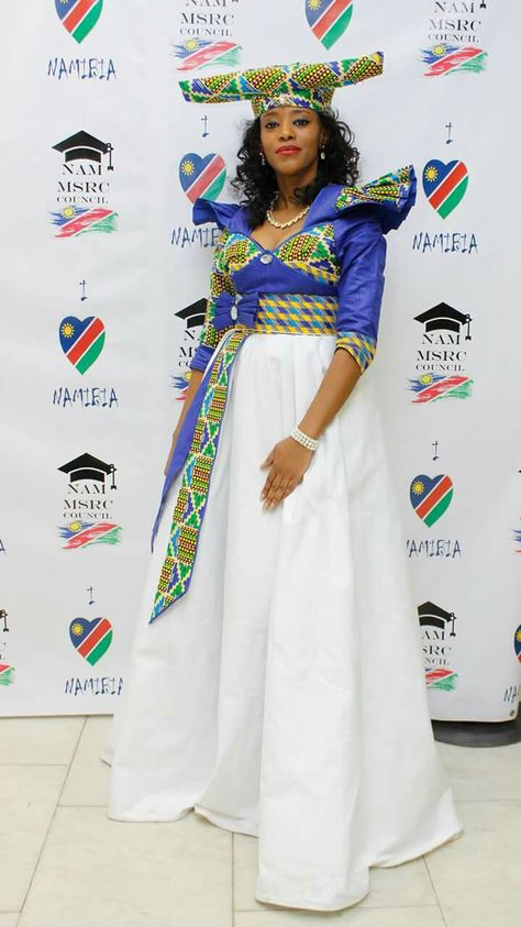 Herero traditional dress. Made with African print. Namibia Traditional Dress, Herero Dress Designs, Herero Dress, African Couture, Ethiopian Traditional Dress, Victorian Era Fashion, African Fashion Traditional, Social Space, National Dress