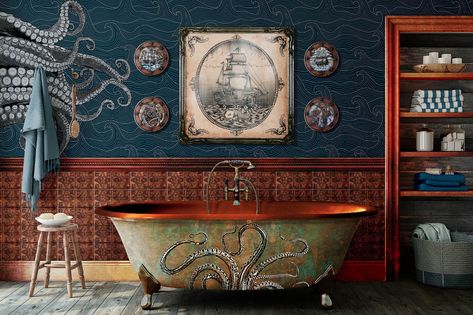 Dark Nautical Decor, Modern Nautical Bathroom, Dark Nautical Aesthetic, Dark Nautical, Octopus Bathroom, Steampunk Kitchen, Steampunk Diy Crafts, Steampunk Bathroom, Sea Bathroom