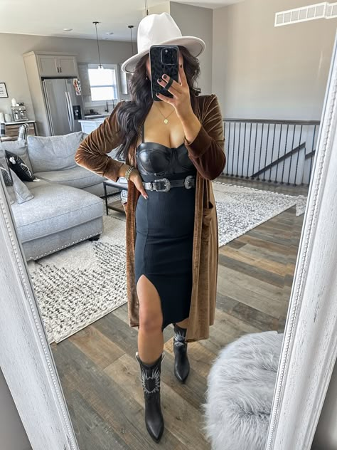 Velvet Midi Dress With Boots, Doc Martens Country Outfit, Dress With Duster Outfit, Brown Western Outfit, Black Bodycon Dress Outfit Winter, Tights And Dress Outfit, Doc Martens And Dress, Black Mini Dress Outfit Casual, Velvet Duster Outfit