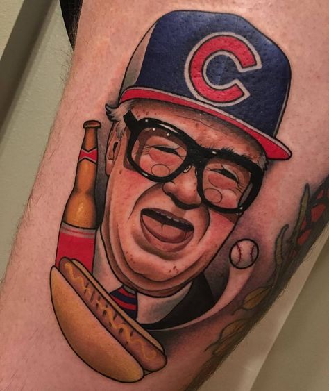 Harry Caray by @tifferwright at Folklore Trading Co. in Dallas Texas. #harrycaray #cubs #chicagocubs #cubbies #chicago #hotdogs #beers #baseball #wrigleyfield #tifferwright #folkloretradingco #dallas #texas #tattoo #tattoos #tattoosnob Chicago Hotdogs, Chicago Cubs Tattoo, Hilarious Tattoos, Lost Boys Tattoo, Girl Tattoo Design, Texas Tattoo, Baseball Tattoo, W Tattoo, Chicago House Music