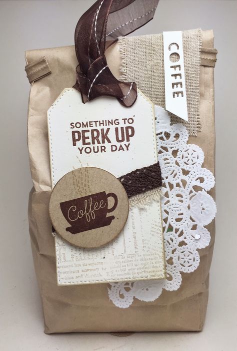 Coffee Wrapping Ideas, Coffee Tags Ideas, Coffee Tag, Get Well Baskets, Newspaper Background, Wine Wrap, Coffee Stamps, Barista Gift, Coffee Gift Basket