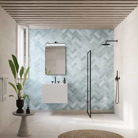 Sample-Portmore Sky Blue 3x8 Glossy Ceramic Subway Tile Blue Shower Tile, Subway Tiles Bathroom, Shower Wall Tile, Shower Floor Tile, Glazed Ceramic Tile, Ceramic Subway Tile, Bathroom Redesign, Bathroom Backsplash, Upstairs Bathrooms