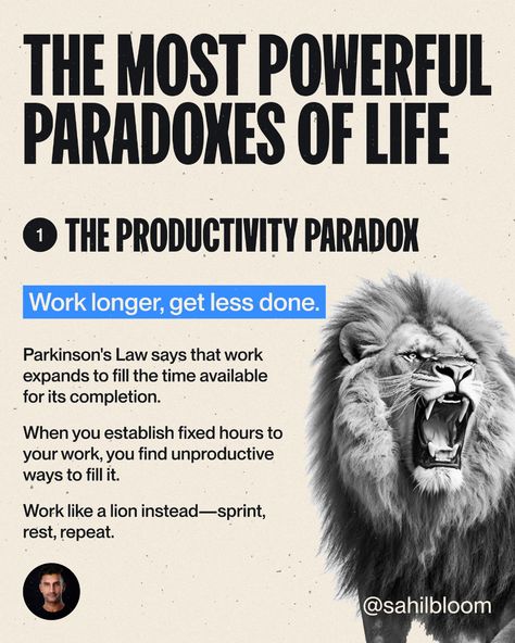 “The most powerful paradoxes of life. 1. The Productivity Paradox: Work longer, get less done. (a visual thread)” Most Powerful, Career, University, Thread