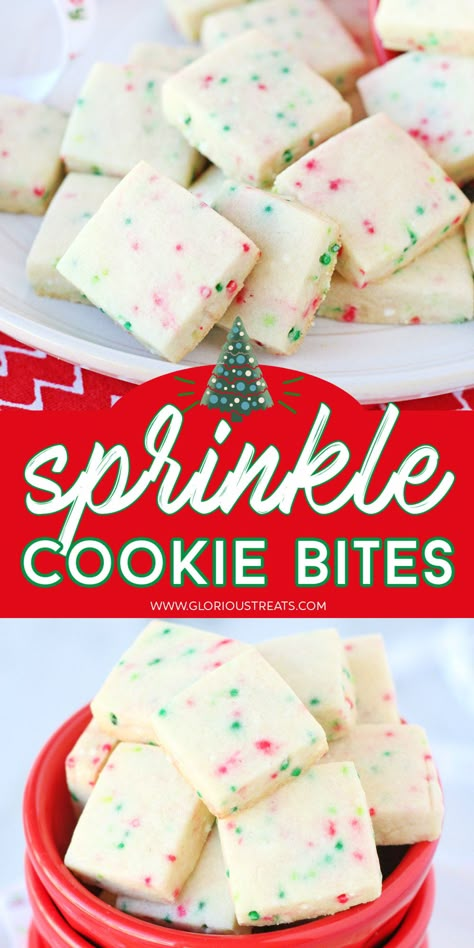 Cute, festive and delicious… these Sprinkle Cookie Bites are the perfect way to kick off the holiday baking season! This classic sugar cookie is similar to shortbread, but sweeter and more tender. These cookies are super fun to make and are the perfect Christmas Cookies! // Glorious Treats #christmascookies #christmas #cookies #baking #sugarcookies Christmas Platters, Yogurt Bread, Cookie Bites, Holiday Baking Recipes, Christmas Cookies Easy, Sprinkle Cookies, Daycare Ideas, Holiday Cookie Recipes, Oreo Dessert