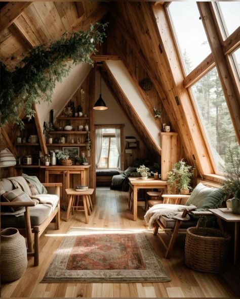 A Frame Loft Bedroom, A Frame Loft, Earthy Cabin, Cozy Cabin Bedrooms, Loft Bedroom Ideas, Cabin Bedrooms, Cozy Attic, Cabin Loft, Dream Bedroom Inspiration