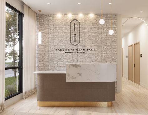 MaVie Med Spa - Simour Design Spa Reception Area, Vertical Slats Wall, Office Reception Desk, Waiting Room Design, Custom Reception Desk, Healthcare Interior Design, Spa Interior Design, Spa Reception, Clinic Interior Design