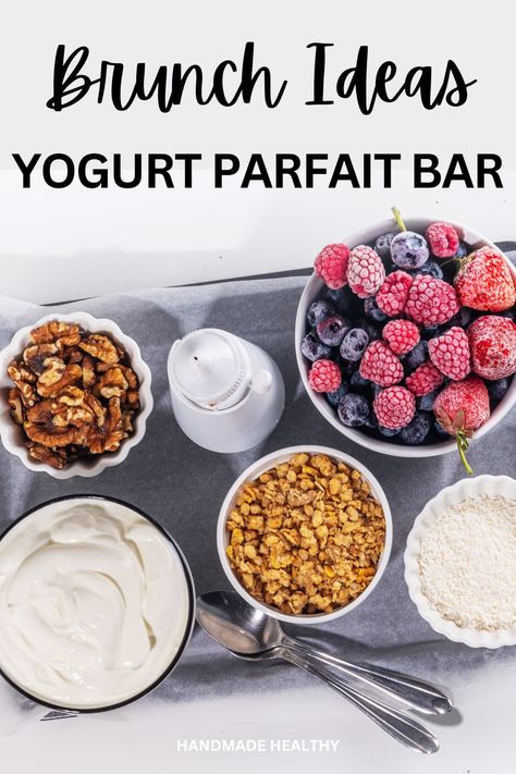 brunch set up ideas Fruit And Yogurt Parfait Bar, Yogurt Parfait Bar Ideas, Yogurt Toppings Ideas, Parfait Bar Brunch Party, Yogurt Parfait Bar Buffet, Mini Yogurt Parfait Cups, Yogurt Bar Ideas, Sedona Food, Classroom Snack Ideas