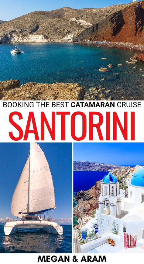 Looking for the best Santorini catamaran cruise for your Greece trip? We tell you how to book a Santorini boat trip at sunset and what to know before you go! | Santorini boat trip | Catamaran cruise in Santorini | Sunset boat trip in Santorini | Santorini boat tours | what to do in Santorini | things to do in Santorini | Santorini tours Santorini Catamaran Cruise, Catamaran Cruise, Things To Do In Santorini, Santorini Sunset, Greece Trip, Greece Travel Guide, How To Book, Boat Trip, Dinner Cruise