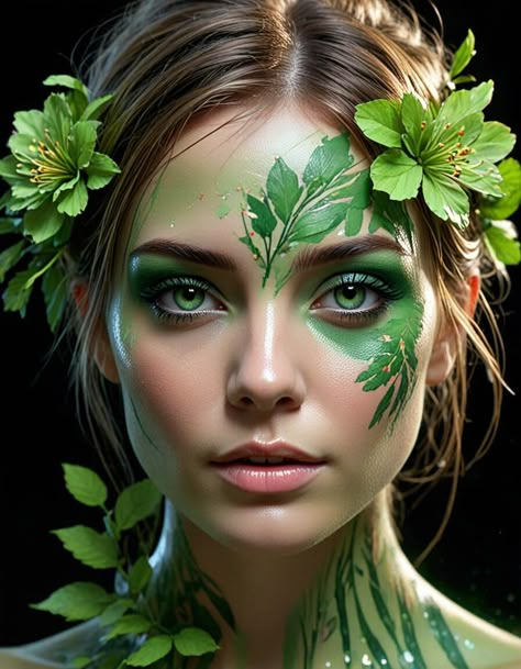 Movie composition, green makeup, flower face paint, black background Save Earth Face Painting, Earth Face Painting, Earth Fairy Makeup, Paint Black Background, Mother Nature Costume Makeup, Mother Nature Makeup, Mother Earth Costume, Forest Fairy Makeup, Jungle Makeup