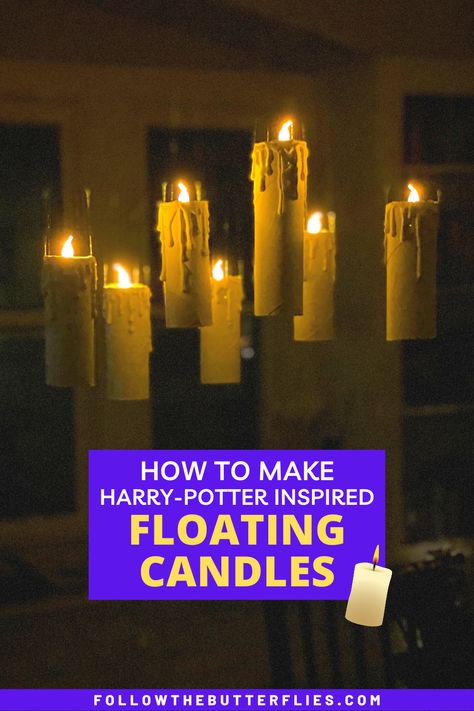 How to Make Magical Harry Potter Floating Candles ⋆ Follow the Butterflies Harry Potter Hanging Candles, Harry Potter Decorations, Harry Potter Floating Candles, Candles At Home, Harry Potter Wedding Theme, Candles Diy, Harry Potter Wedding, Harry Potter Decor, Great Hall