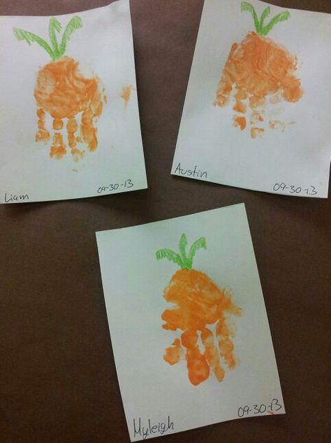 Carrot Crafts For Toddlers, Orange Toddler Crafts, Carrot Feet Craft, Carrot Handprint Craft, Orange Handprint Craft, Carrot Footprint Art, Handprint Fruits And Vegetables, Orange Crafts For Toddlers, Baby Carrot Art