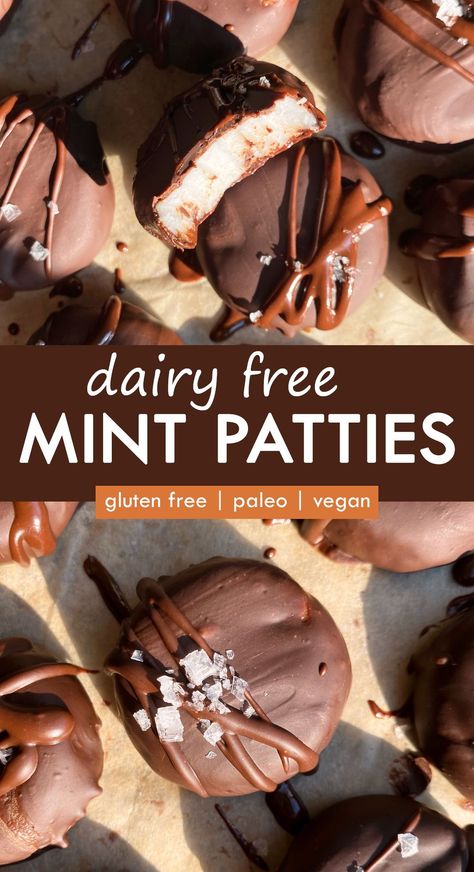 These dairy free mint patties have a creamy mint filling that's coated in dark chocolate. They are made without corn syrup and without sweetened condensed milk. This peppermint patty recipe is paleo, vegan and keto friendly. #mintchocolate #paleodiet Dairy Free Candy Recipes, Keto Peppermint Patties, No Bake Peppermint Patties, Dairy Free Peppermint Patties, Recipe For Peppermint Patties, How To Make Peppermint Patties, Paleo Chocolate Recipes, Healthy Paleo Desserts, Mint Patties