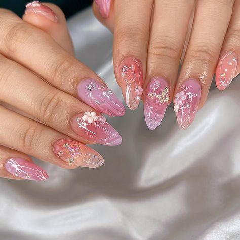 Pink Fairy Nails, Nails Spring Pink, Nails Cute Aesthetic, Blossom Nail Art, Candy Fairy, Fairy Nails, Nails Butterfly, Cotton Candy Nails, Fancy Nails Designs