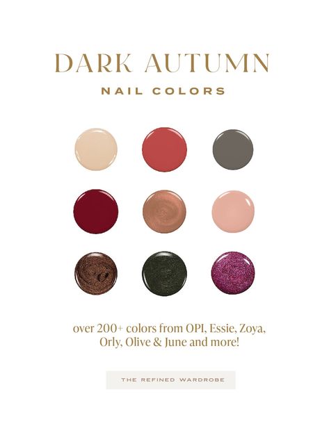 200 Best Nail Polish Colors for Dark Autumns: Shades From Essie, OPI, Olive June, Orly, Zoya, Clean Beauty Brands and More - Etsy Sweden Opi Nail Polish Color Chart, Deep Autumn Palette, Best Nail Polish Colors, Opi Nail Polish Colors, Deep Autumn Color Palette, Autumn Skin, Skin Undertones, Fun Nail Colors, Essie Gel Couture