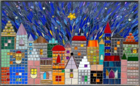 Stained Glass City Scape, Mosaic Cityscapes, Mosaic Steps, Mosaic Houses, Colourful Tiles, Glass City, Mosaic Garden Art, Mosaic Birds, Mosaic Tile Art