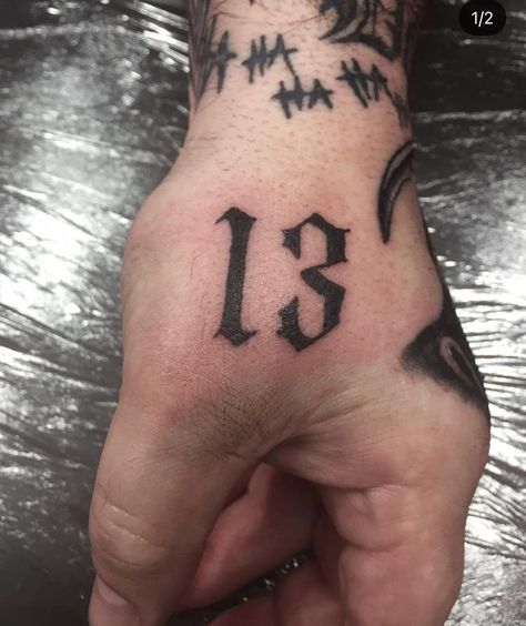 Instagram: blackomenstattooist #13tattoo #fridaythe13th #handtattoo Finger Tattoos For Men Words, 13 Hand Tattoo, 13 Tattoo Ideas, Knuckles Tattoo, Fonts Tattoo, 13 Tattoo, Tattoos Instagram, Knuckle Tattoos, 13 Tattoos