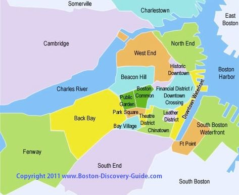 Boston map showing neighborhoods with famous attractions Boston Attractions, Boston Neighborhoods, Boston Map, East Boston, Moving To Boston, Downtown Boston, Boston Mass, South Boston, Boston Travel