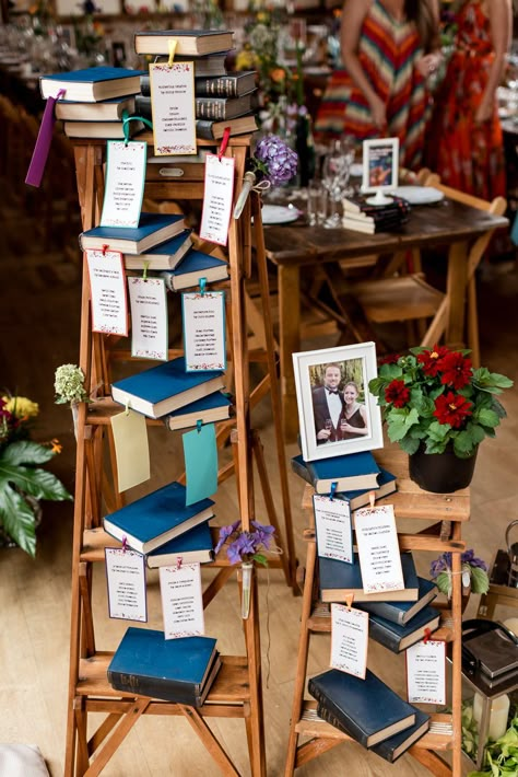 Book Wedding Backdrop, Wedding With Books, Book Signing Table Ideas, Wedding Decor Books, Book Themed Seating Chart, Wedding Book Decor, Bookshelf Seating Chart, Bookshop Wedding, Book Seating Chart Wedding