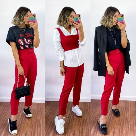 Red Pants Fashion, Red Tshirt Outfit, Outfit Pantalon Rojo, Casual Oufits, Colour Combinations Fashion, Red Pants, Tshirt Outfits, Red Outfit, Only Fashion