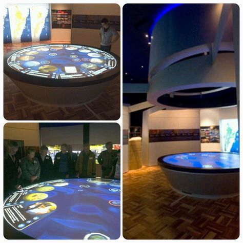 Custom Round Multitouch Table for ZedBuffer in Australia - 12 Guests Can Interact At Once. Commissioned by Sydney Catchment Authority for the Warragamba Dam visitor exhibition titled ‘Water for Life’. The table displays 40 individual stories in four thematic groups – Water, Catchments, Dam, and People. #exhibitdesign #multitouchtables #interactive #gesturecontrol Ceo Cabin, Multitouch Table, Interactive Projection, Trade Show Exhibit, Touch Table, Tech Savvy, Table Display, Digital Signage, History Museum