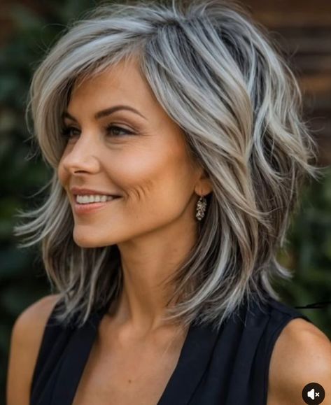 Blending Gray Hair With Lowlights, Grey Hair With Platinum Highlights, Long A Line Bob With Bangs, Brown Hair Over 50, Hair Color For Gray Hair, Gray Highlights, Highlights For Brown Hair, Grey Blonde Hair, Frosted Hair