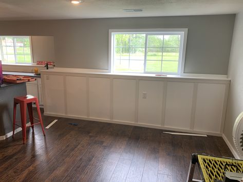 Lower Level Family Room Ledge, Basement Window Ledge, Basement Half Wall Ledge Built Ins, Wainscoting In Basement, Basement Wall Ledge, Basement With Ledge Half Walls, Basement Ledge Wall Ideas, Half Wall Ledge Ideas, Basement Half Wall Ledge Ideas