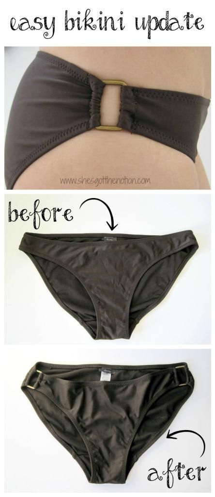 Easy Bikini Refashion: sew metal rings to bikini bottoms to update the look and fit. Great fix for bikinis that are too big | She's Got the ... Diy Bathing Suit, Diy Swimwear, Custom Bathing Suits, Recycle Fashion, Sewing Swimwear, Diy Swimsuit, Swimming Suits, Diy Clothes Design, Altering Clothes