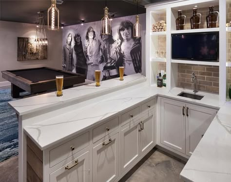 U Shaped Wet Bar Basement, Basement Bar U Shape, U Shaped Wet Bar, White Basement Bar Ideas, Basement Bar Cabinet Color, Basement Bar Ideas White Cabinets, L Shape Wet Bar, Basement L Shaped Bar Ideas, Basement Bar With Sink