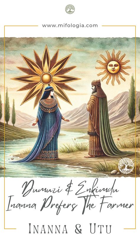 Dive into the enchanting world of Sumerian mythology! Discover the captivating story of Dumuzi and Enkimdu, where Inanna, the goddess of love and fertility, must choose between the farmer and the shepherd god. Guided by her brother Utu, this myth unfolds into a dramatic face-off between agriculture and pastoring.   #Inanna #Utu #SumerianMythology #Dumuzi #Enkimdu #AncientMyths #MysticalLegends #MythologyLovers #ExploreMyths #TimelessTales #AncientTales #AncientGods Inanna Goddess, Sumerian Mythology, Witchy Recipes, Ancient Sumer, Divine Rivals, Ancient Sumerian, World Mythology, Queen Of Heaven, Ancient Myths