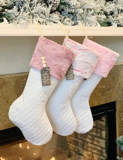 Pink Stockings Christmas, Pink Christmas Stocking, Christmas Stockings Aesthetic, Baby Girl Christmas Stocking, First Christmas Stocking, Wood Stocking, Stockings Aesthetic, How To Make Pink, Christmas Stocking Decorations