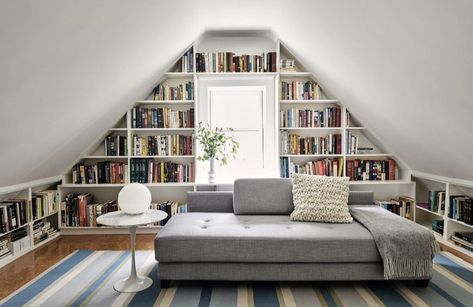 Attic Room Library, Home Library Loft, Attic Bookshelf Wall, Bookshelf In Attic Room, Small Attic Library, Attic Bedroom Bookshelves, Home Library Slanted Ceiling, Sloped Ceiling Library, Attic Room Bookshelves