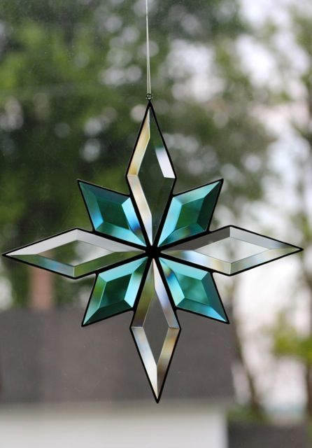 Stained glass bevel star by Barbara's Glassworks. Beveled Stained Glass Patterns, Stained Glass Stars, Snowflake Stained Glass Patterns, Stained Glass Snowflakes, Winter Stained Glass Craft, Star Stained Glass Pattern, Stained Glass Stars Christmas, Stained Glass Moravian Star Pattern, Stainglass Snowflakes