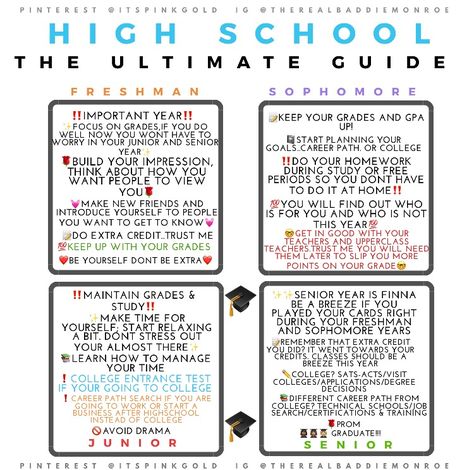 The best Back to School guide for high school freshmen,sophomore, junior and senior @itspinkgold for more tips like this! @therealbaddiemonroe on IG Back To School Sophomore Year, Classes To Take In High School, Freshmen Tips High School, Sophomore Year High School Tips, High School Sophomore Tips, Freshmen High School, Sophomore Year High School, Highschool Tips, High School Tips