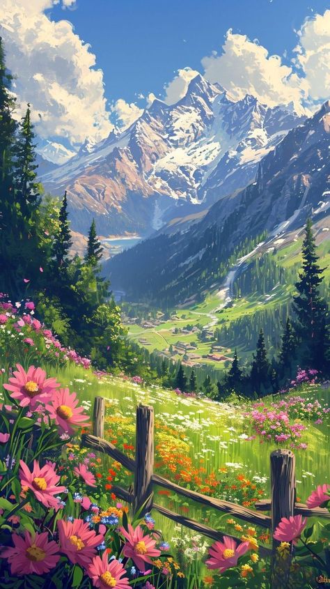 Flower Valley Painting, Dreamy Canvas Paintings, Dreamy Landscape Photography, Pretty Paintings, Istoria Artei, Dreamy Artwork, Watercolor Video, Dreamy Landscapes, Landscape Beautiful